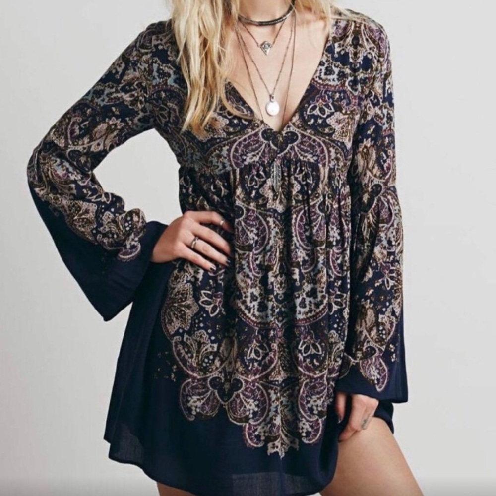 Free People Navy and Purple Paisley Mini Dress
